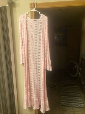 Long Pink Open-Knit Women's Cardigan